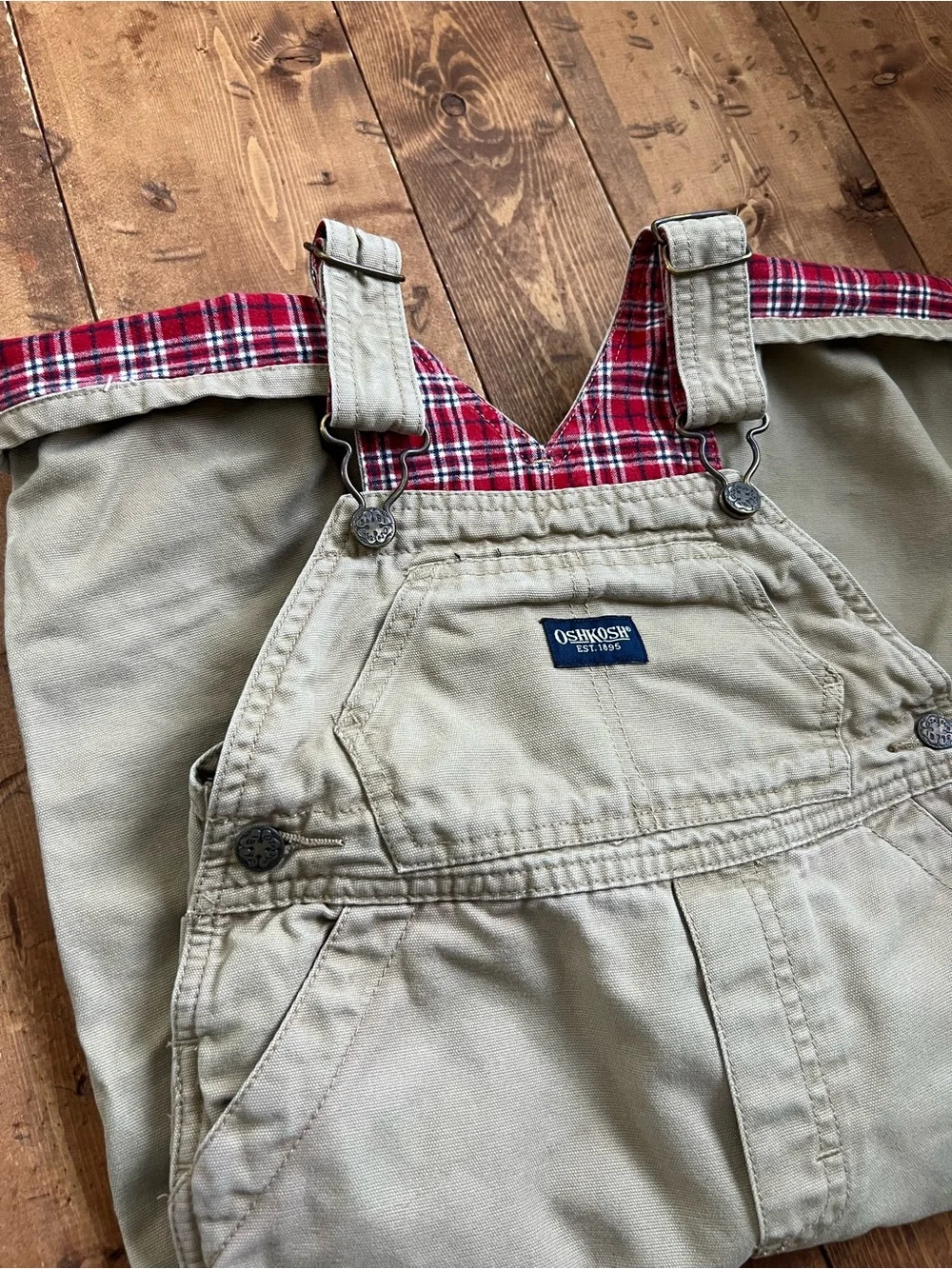 OshKosh B’Gosh Canvas Overalls 24 Months Tan 100% Cotton Plaid Trim